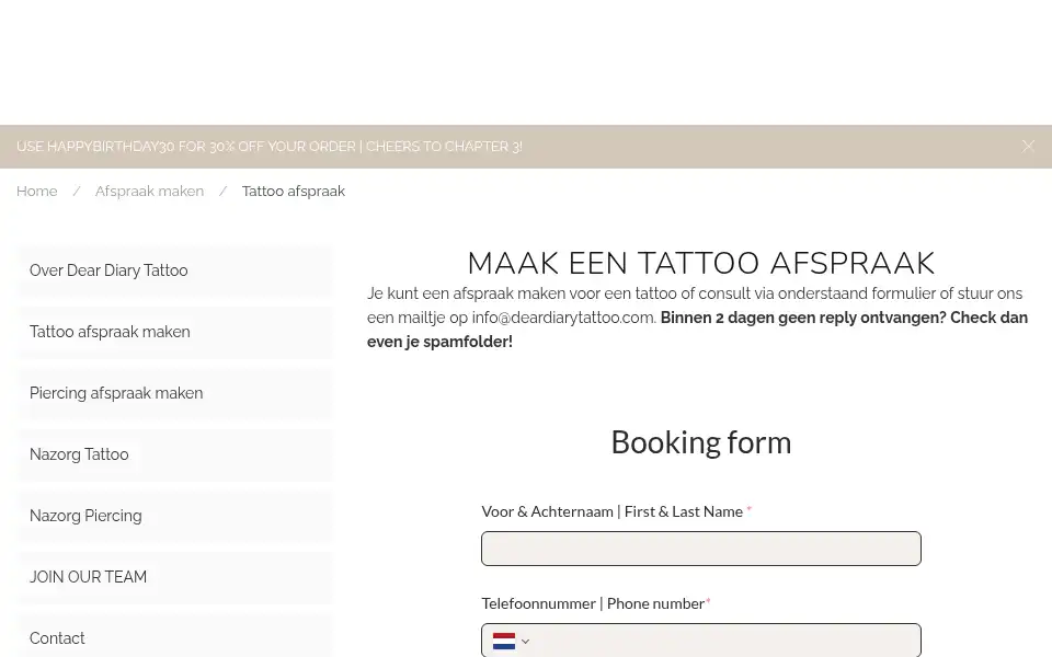 Screenshot of deardiarytattoo.com