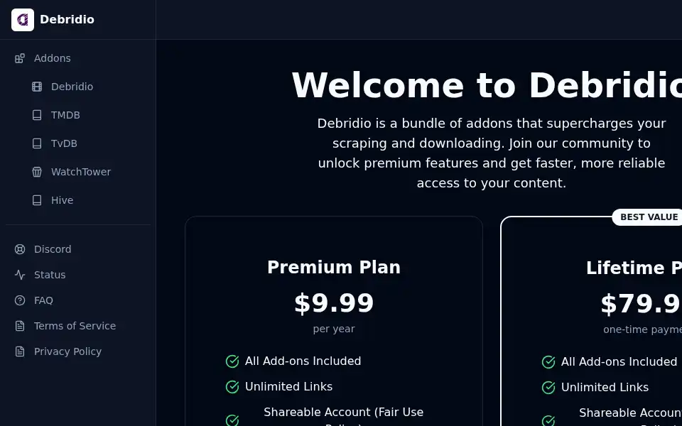 Screenshot of debridio.com