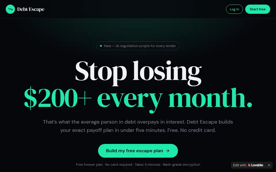 Screenshot of debtescape.lovable.app