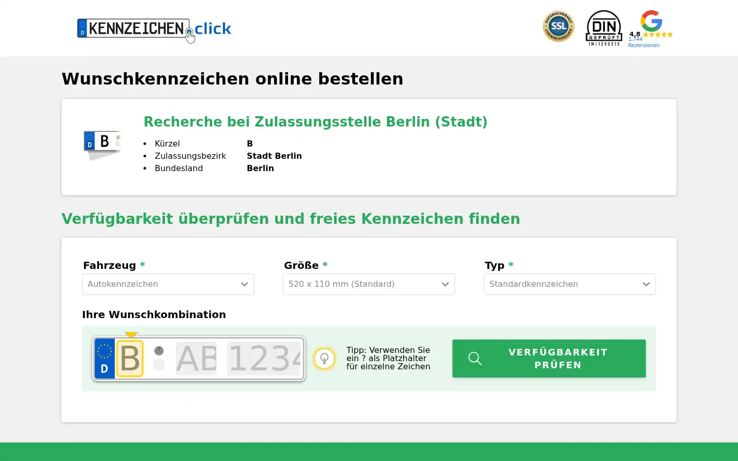 Screenshot of dein-wunschkennzeichen.online
