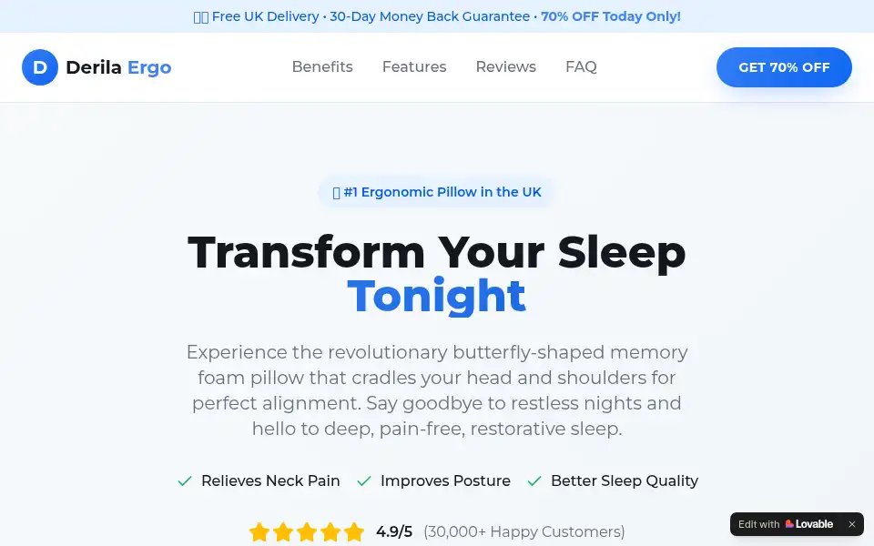 Screenshot of derila-ergo-pillow-uk.lovable.app