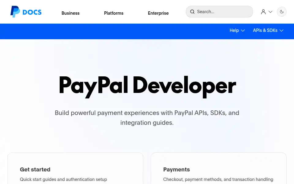 Screenshot of developer.paypal.com