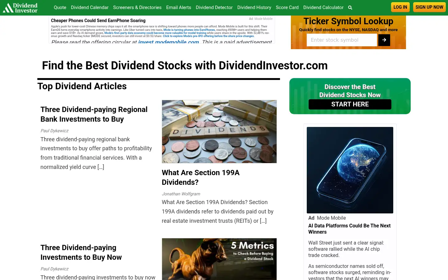 Screenshot of dividendinvestor.com