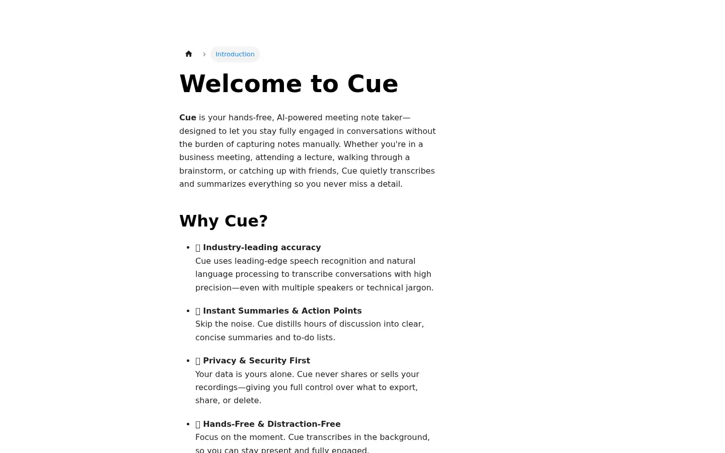 Screenshot of docs.withcue.ai