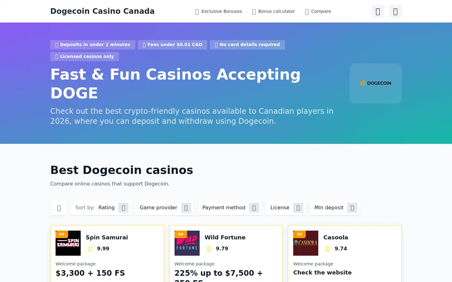Screenshot of dogecoin-casino-canada.org