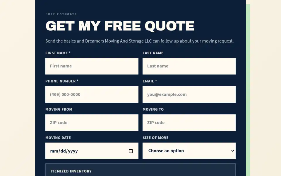 Screenshot of dreamersmoving.com