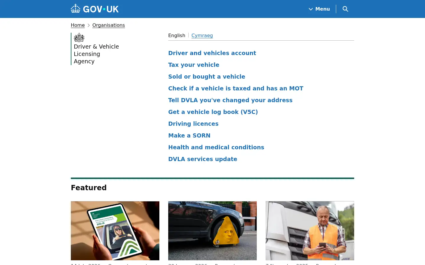 Screenshot of dvla.gov.uk