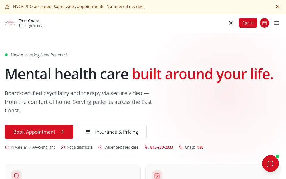 Screenshot of eastcoasttelepsychiatry.com