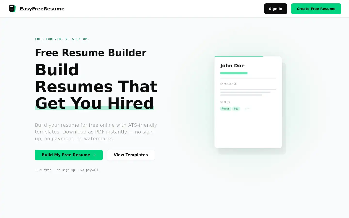 Screenshot of easyfreeresume.com