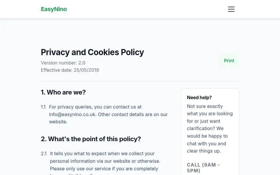 Screenshot of easynino.co.uk