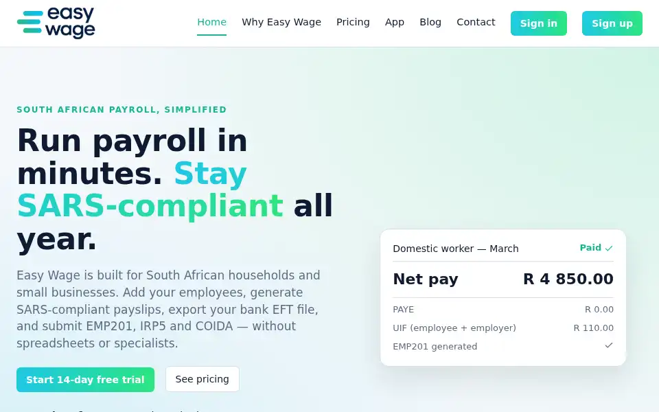 Screenshot of easywage.co.za