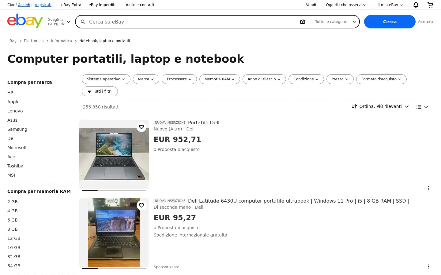 Screenshot of ebay.it