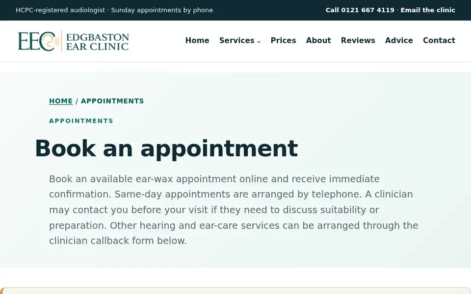 Screenshot of edgbastonearclinic.com