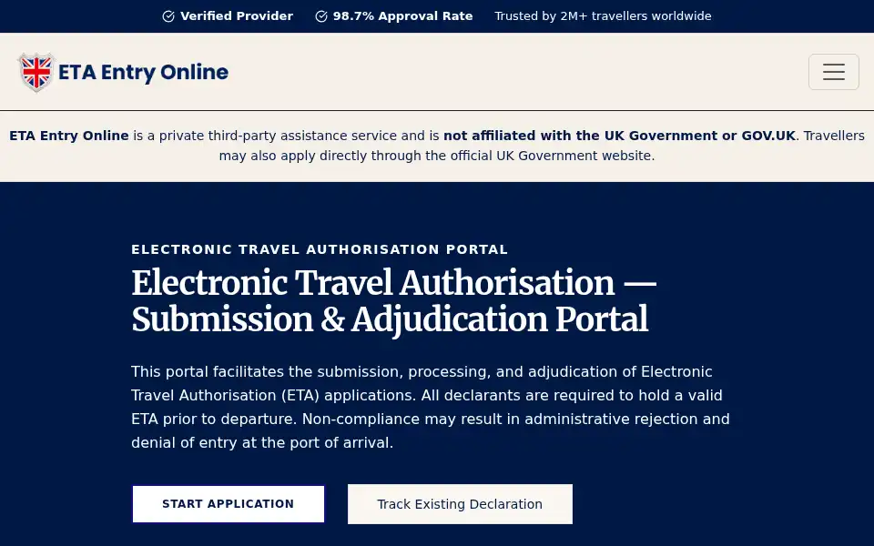 Screenshot of etaentryonline.com