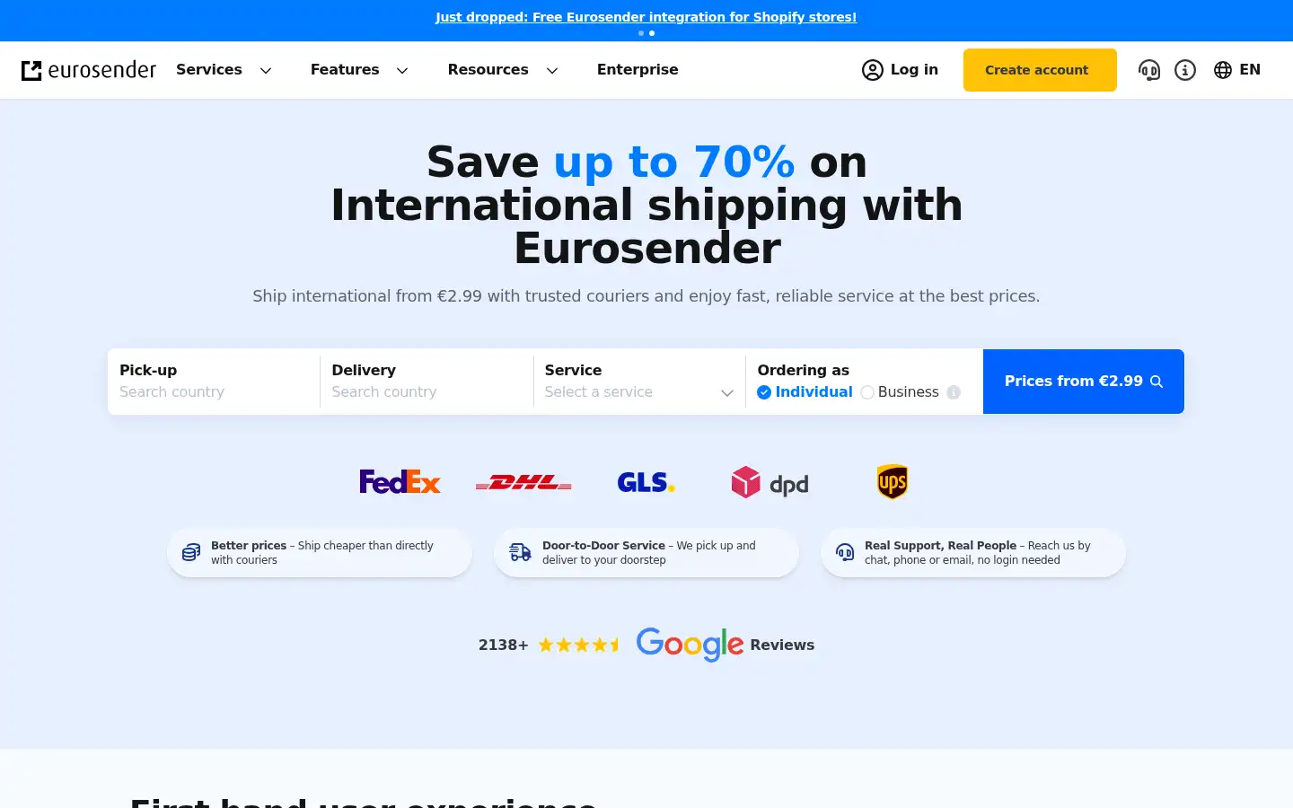 Screenshot of eurosender.com