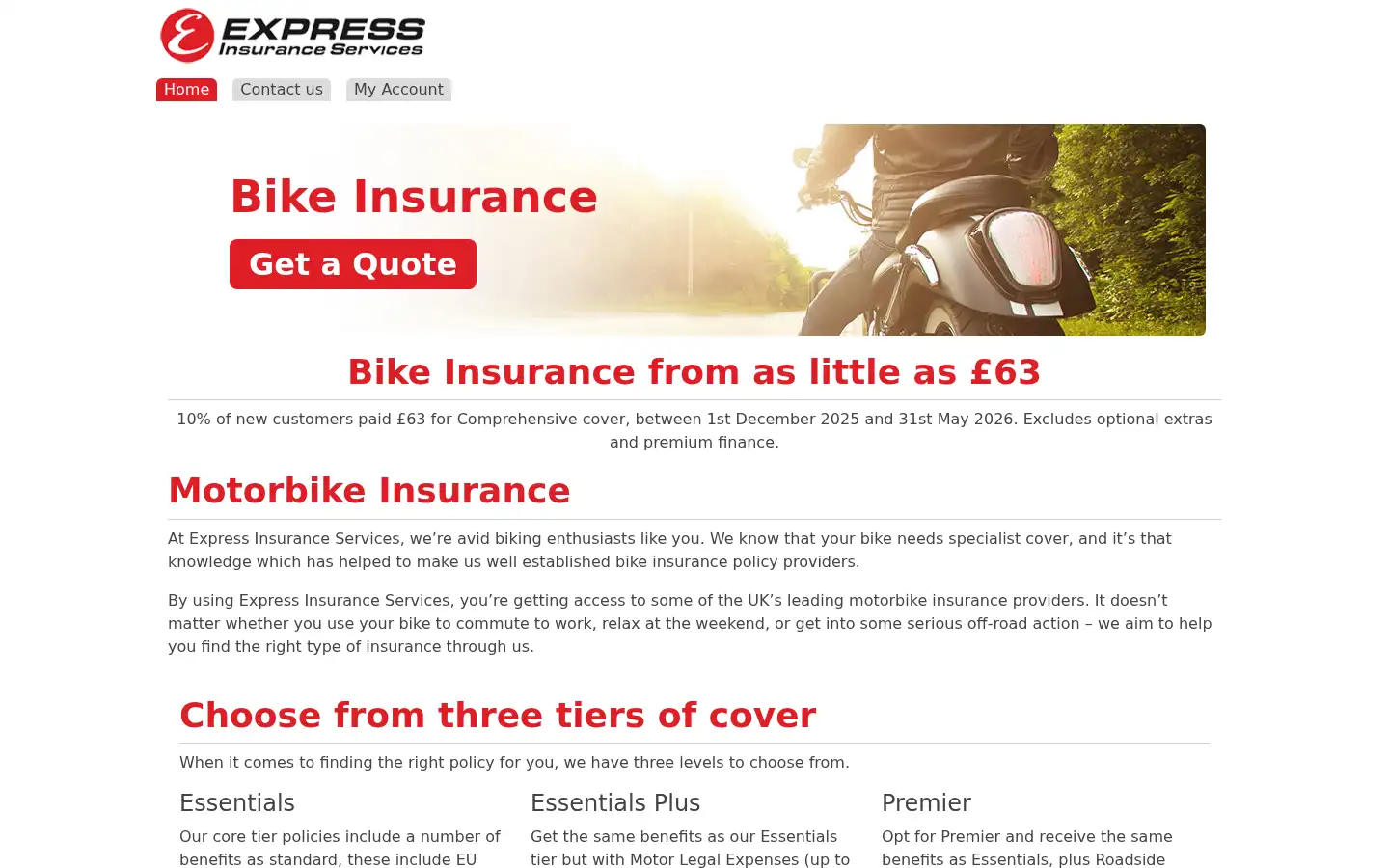 Screenshot of expressbikeinsurance.com