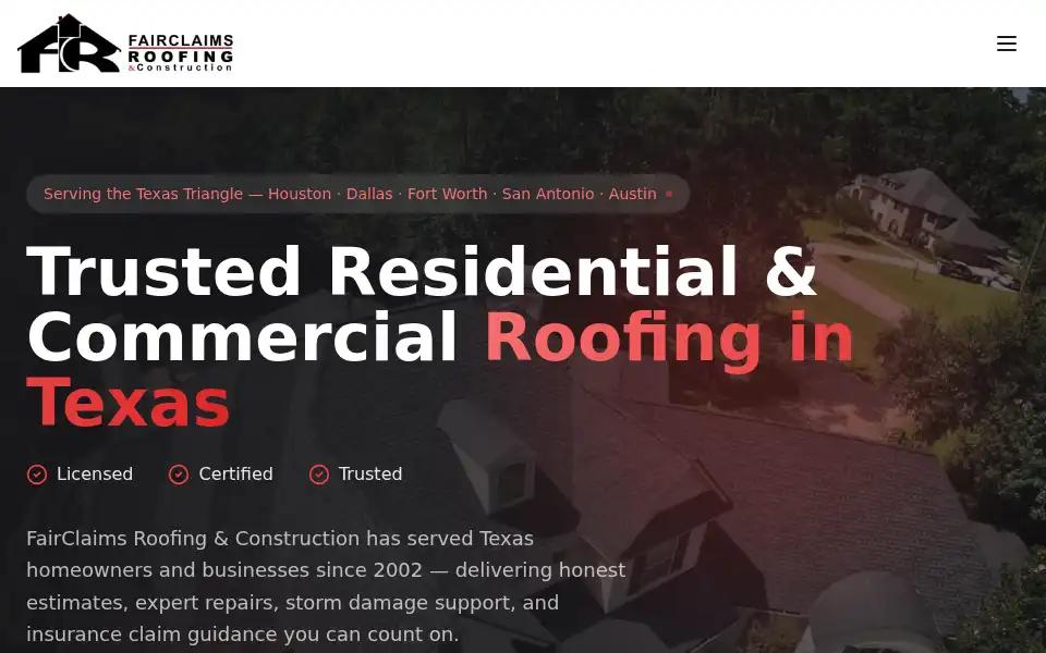 Screenshot of fairclaimsroofingcompany.com