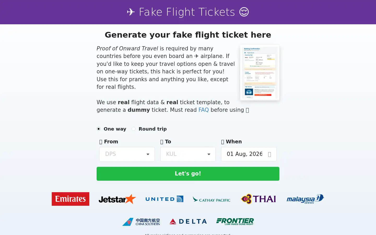 Screenshot of fakeflighttickets.com