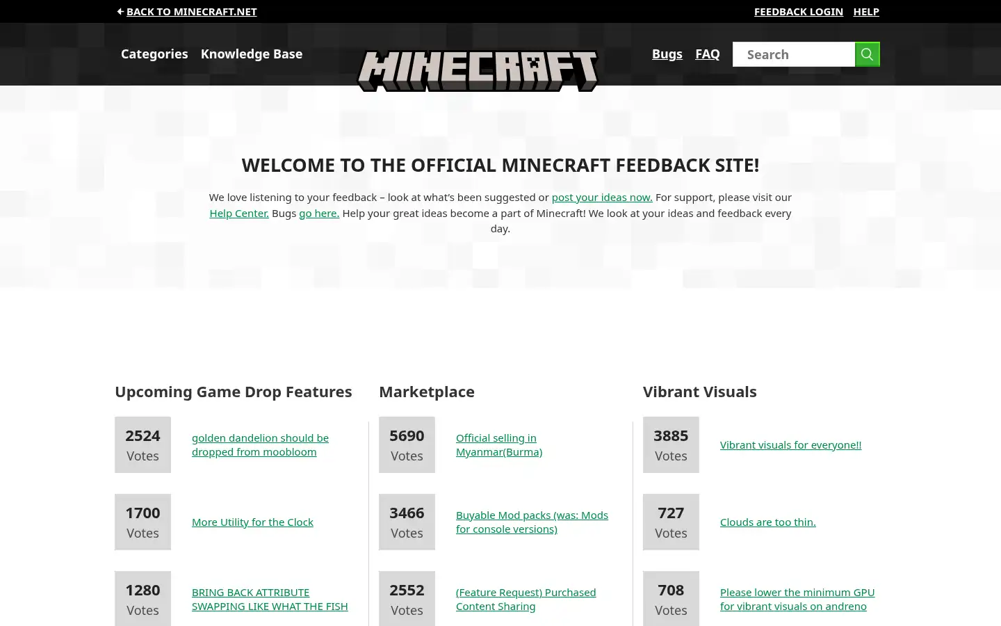 Screenshot of feedback.minecraft.net