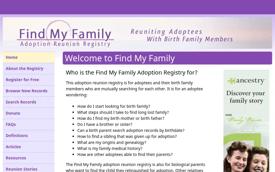 Screenshot of findmyfamily.org