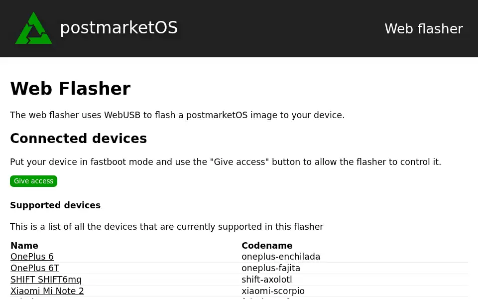Screenshot of flash.postmarketos.org