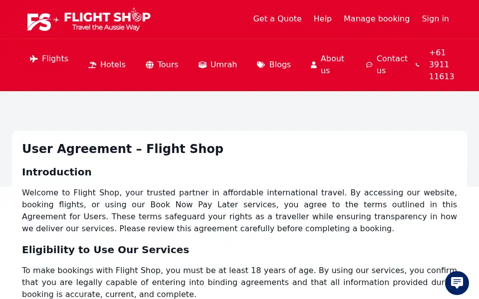 Screenshot of flightshop.com.au