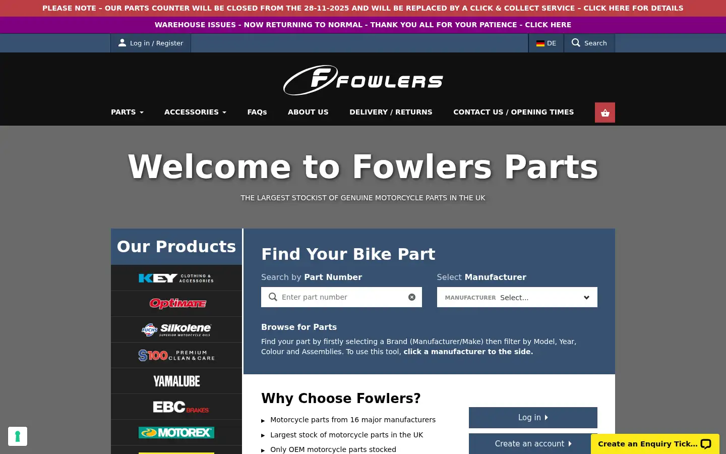 Screenshot of fowlersparts.co.uk