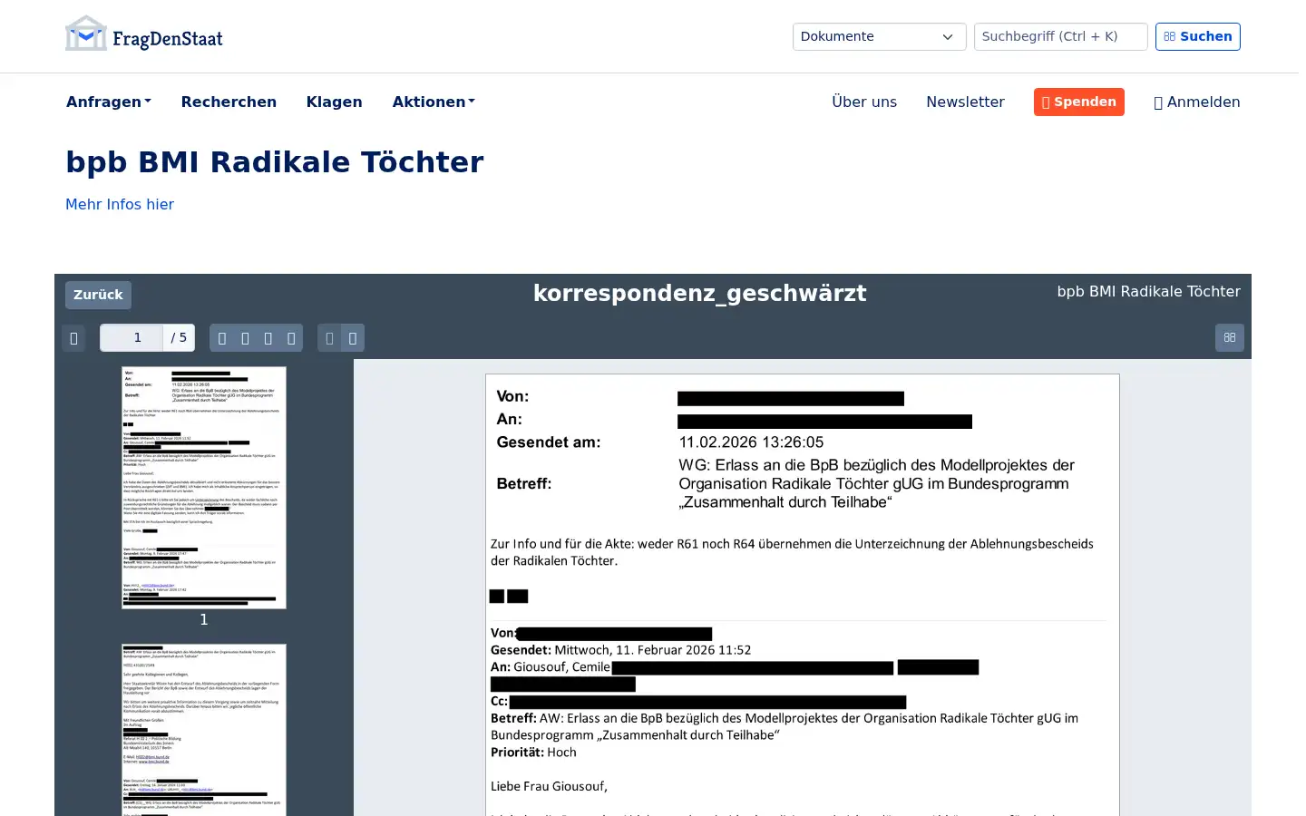 Screenshot of fragdenstaat.de