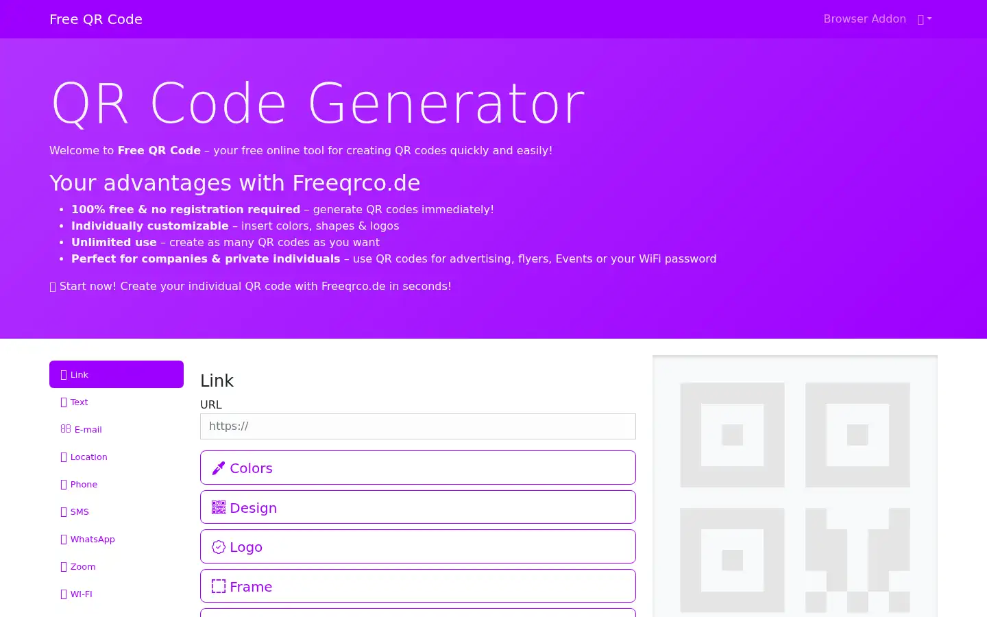 Screenshot of freeqrco.de