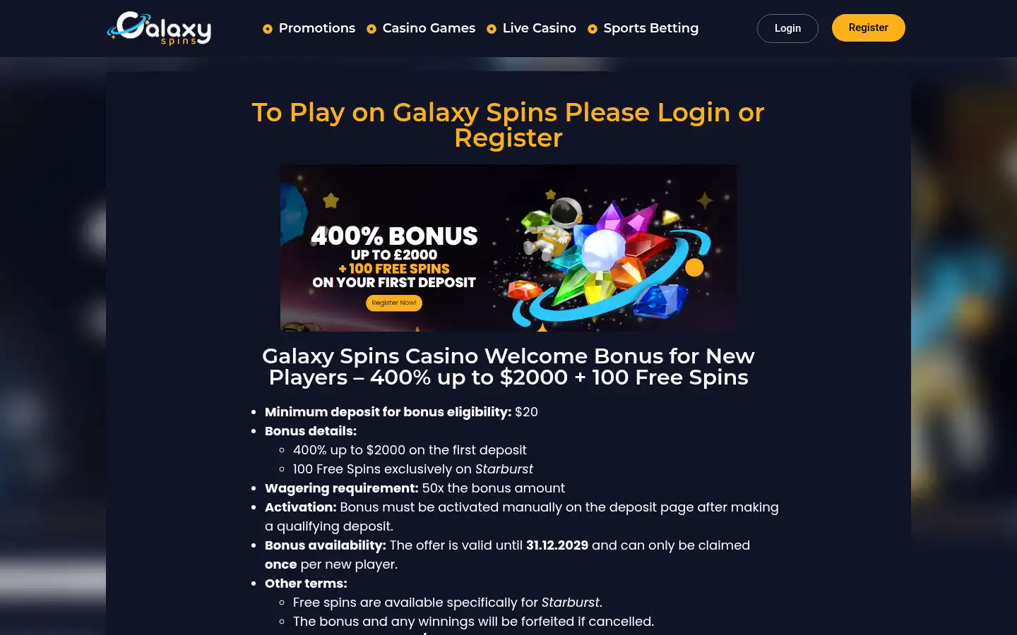 Screenshot of galaxyspinscasino.co.uk