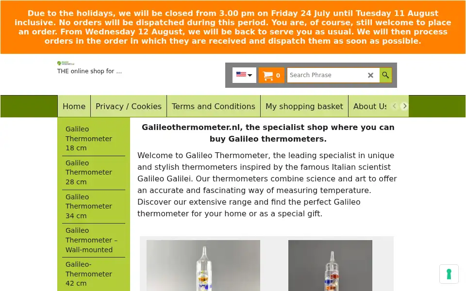 Screenshot of galileothermometer.nl