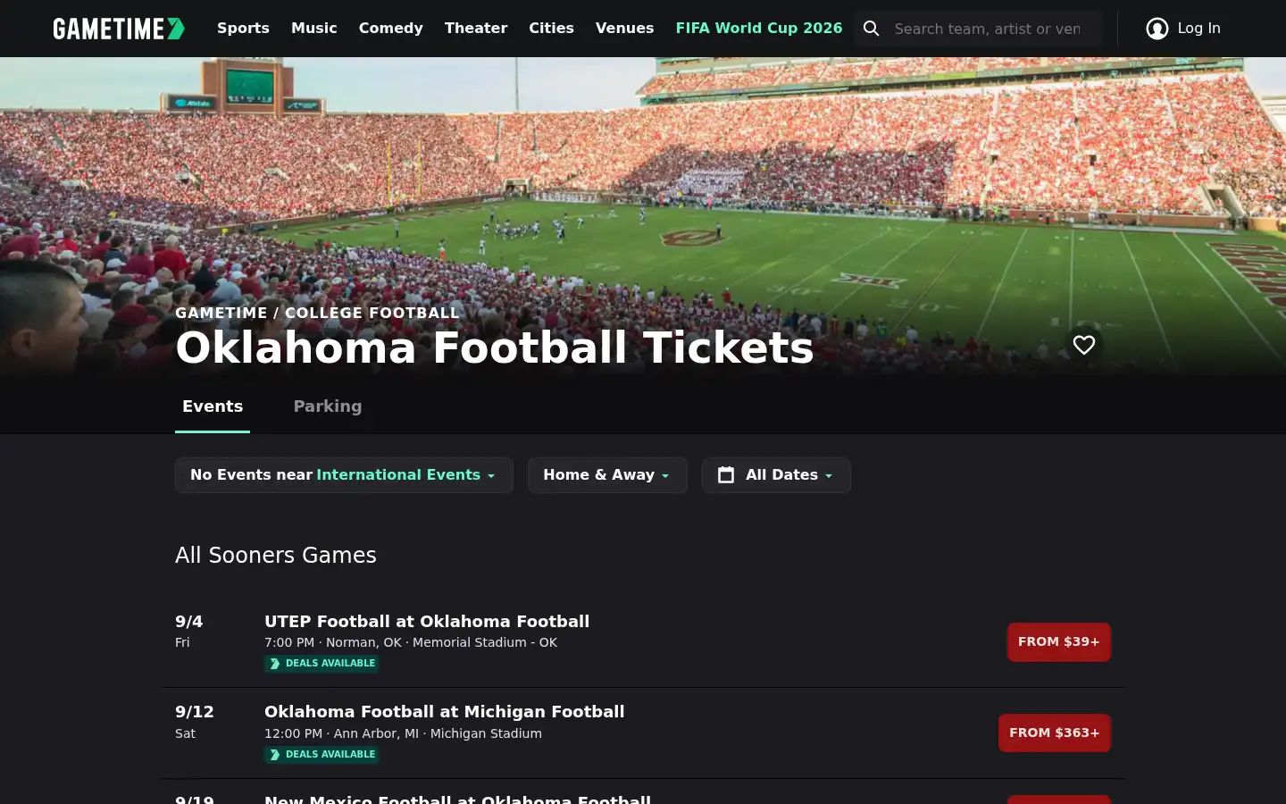 Screenshot of gametime.co