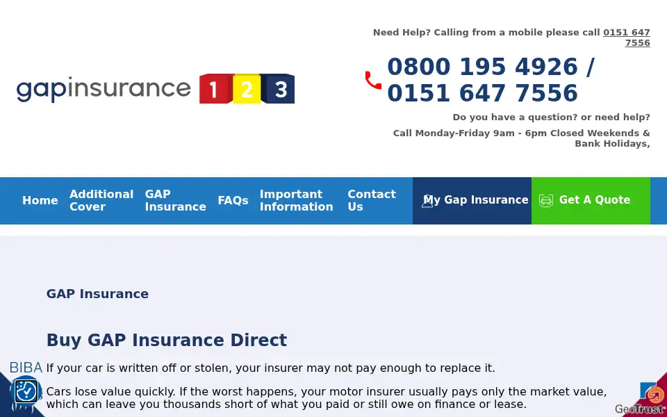 Screenshot of gapinsurance123.co.uk
