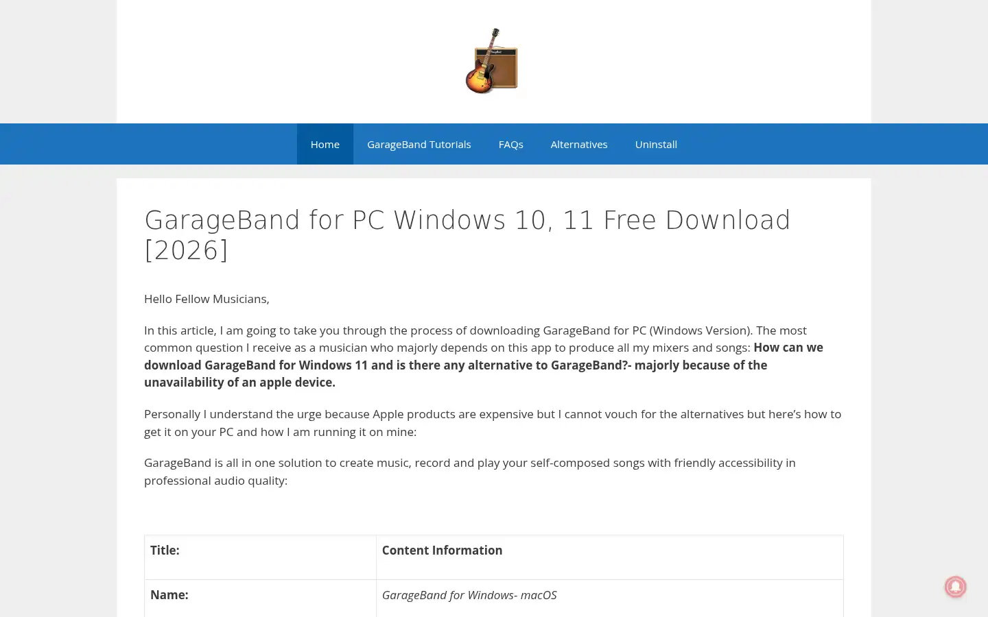 Screenshot of garagebandonpc.com