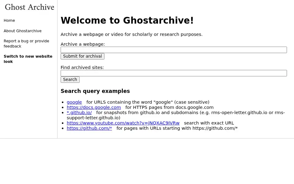 Screenshot of ghostarchive.org