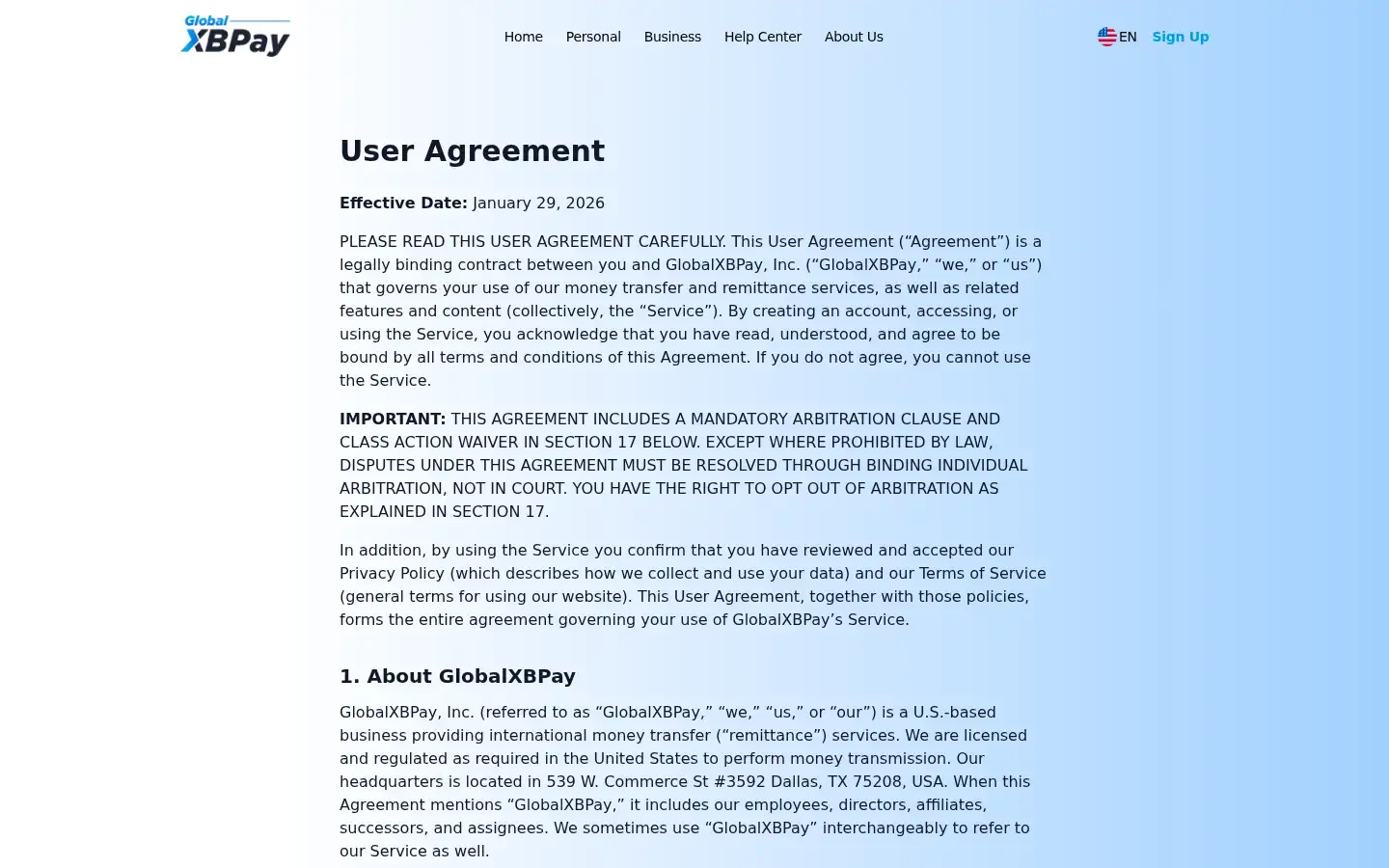 Screenshot of globalxbpay.com