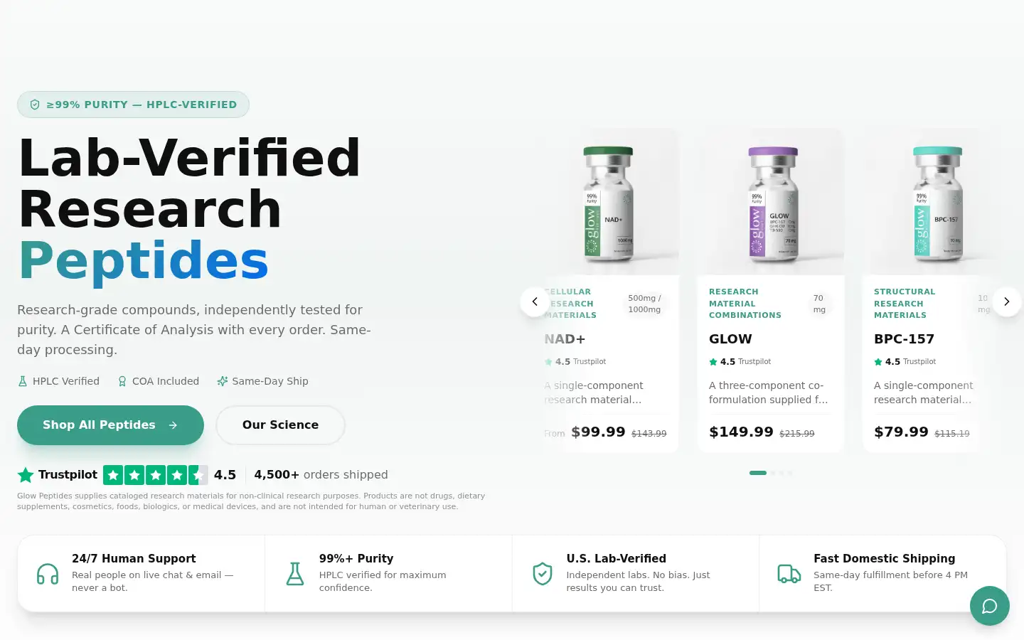 Screenshot of glowpeptides.com