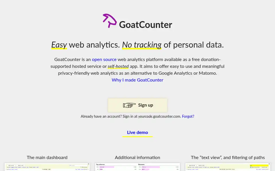 Screenshot of goatcounter.com