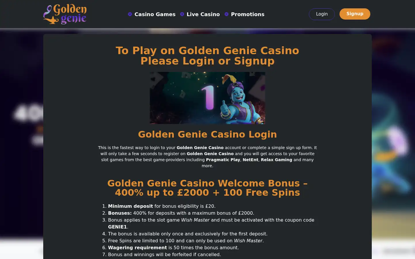Screenshot of goldengenie-casino.co.uk