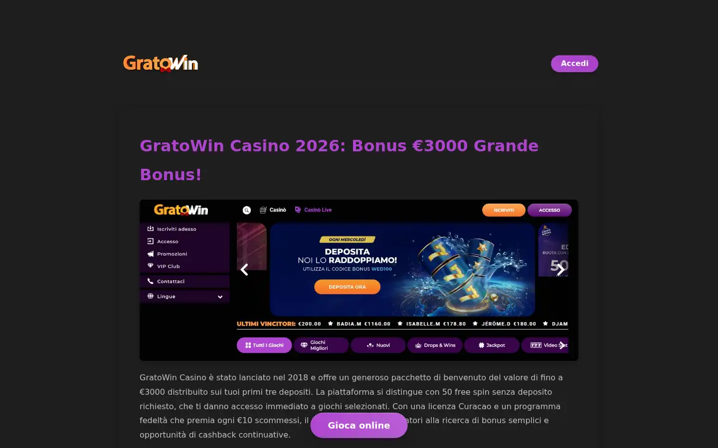 Screenshot of gratowin-casino.co.it