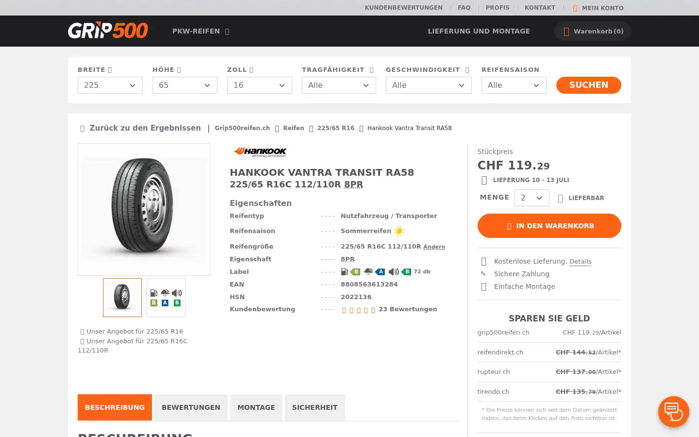 Screenshot of grip500reifen.ch