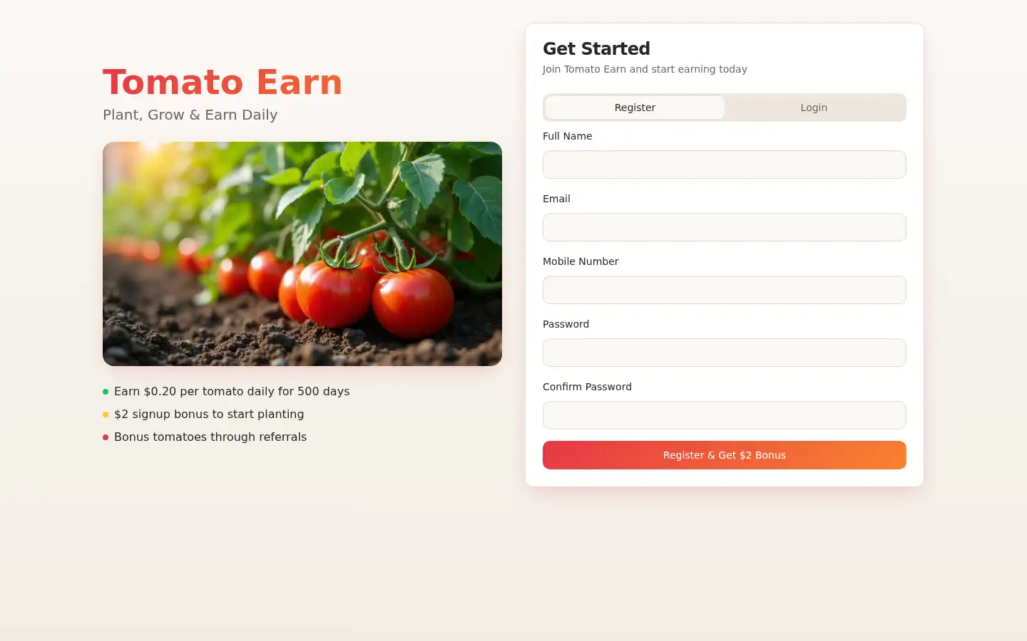 Screenshot of grow-and-earn-tomatoes.lovable.app