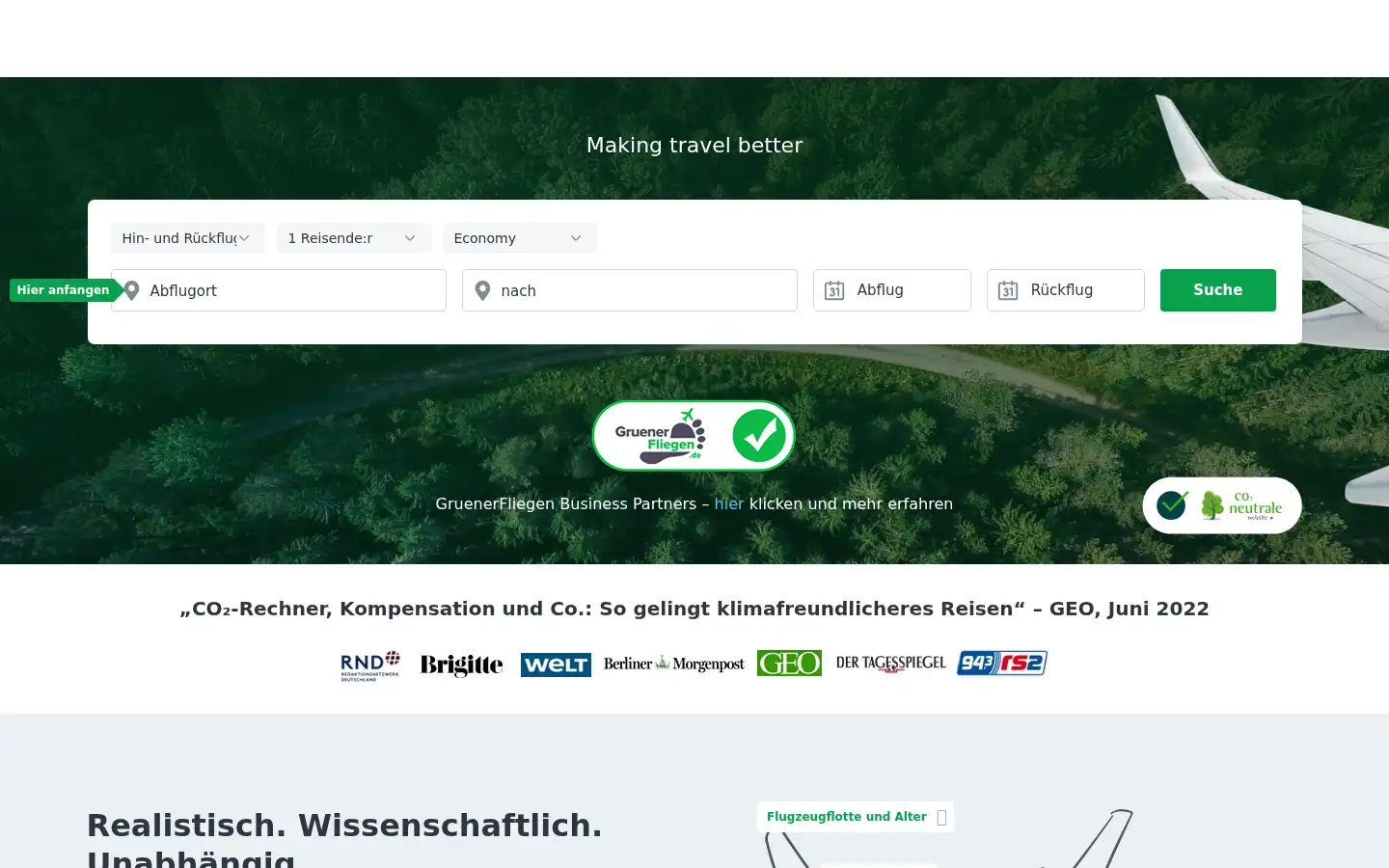 Screenshot of gruener-fliegen.de