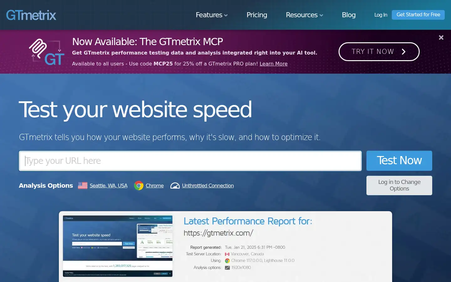 Screenshot of gtmetrix.com