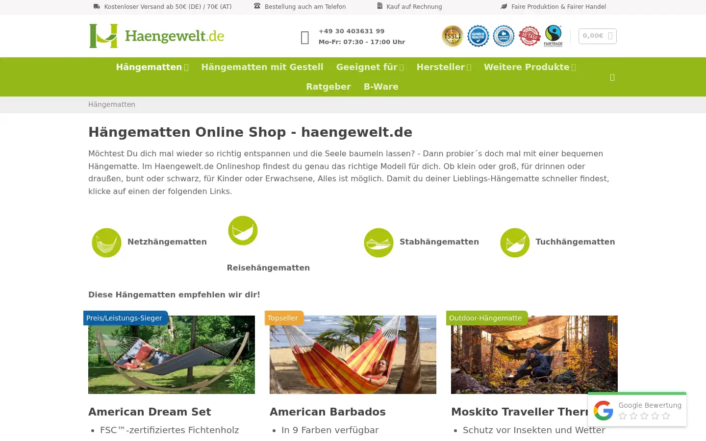 Screenshot of haengewelt.de