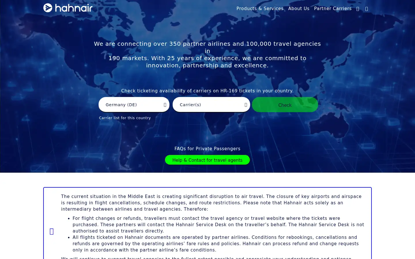 Screenshot of hahnair.com