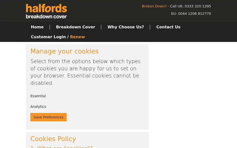 Screenshot of halfordsbreakdowncover.com
