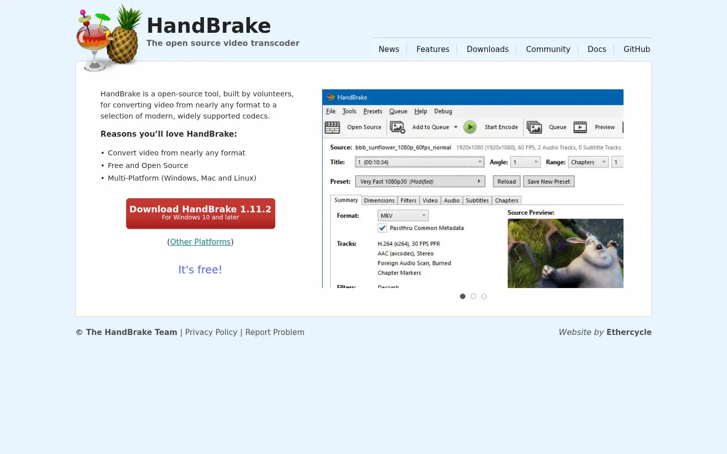 Screenshot of handbrake.fr