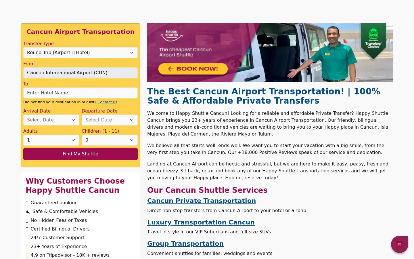 Screenshot of happyshuttlecancun.com