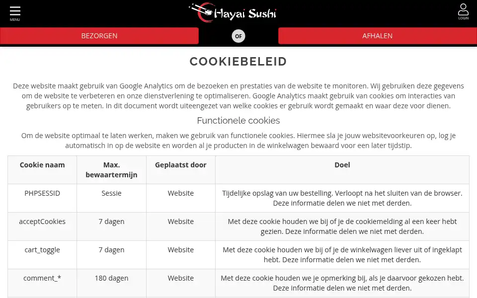 Screenshot of hayaisushi.nl